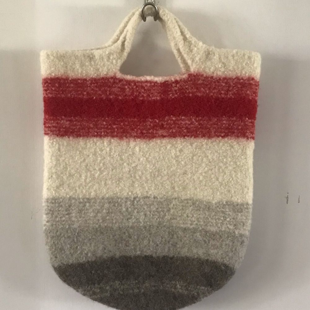 Handcrafted Striped Wool Tote Bag in Cream, Red & Gray
